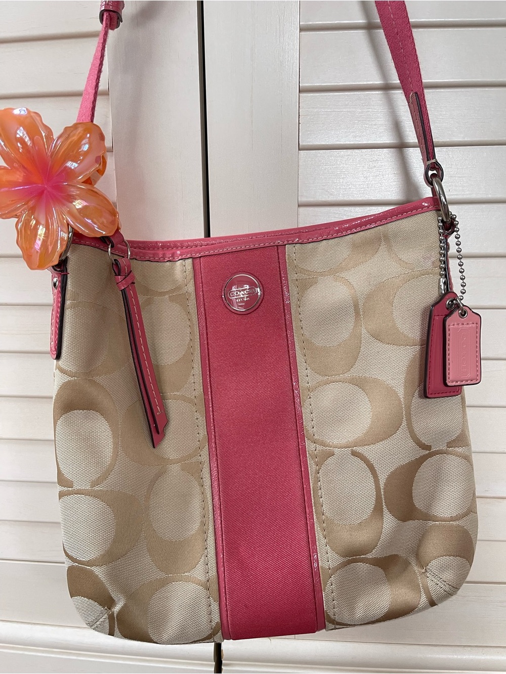 Coach Beige Signature Canvas Crossbody with Pink Trim